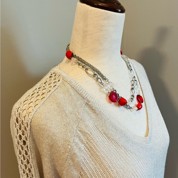 LUCKY BRAND Knit Metallic V-Neck Sweater Raglan Sleeves Lined Ivory Small Petite - Picture 3 of 9